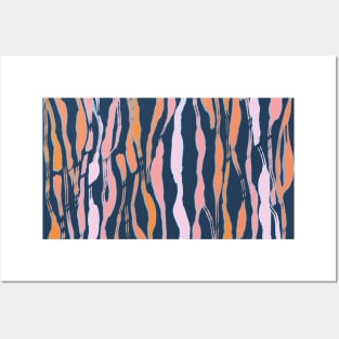 animal print - orange and pink striped tiger-zebra on a blue background Posters and Art